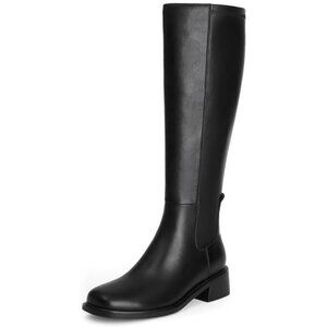 Women's Black Faux Leather Elastic Low Heel Square Toe Zipper Knee High Boots